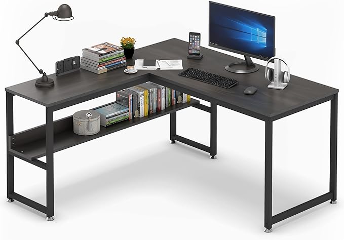 L Shaped Desk, Office Computer Corner Desk, 55 inch Home Gaming Desk Table, Writing Study Workstation with Storage Shelves for Home Office, Space-Saving, Industrial, Espresso - LeafyLoom