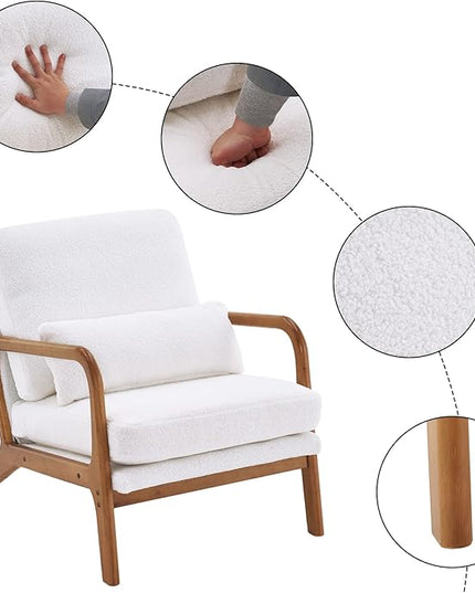 Bonnlo Teddy Fleece White Accent Chairs Set of 2, Upholstered Mid Century Modern Lounge Chairs Reading Chairs Side Sitting Chair Solid Wood Farmhouse Armchairs for Living Room, Bedroom, Guest Room - LeafyLoom