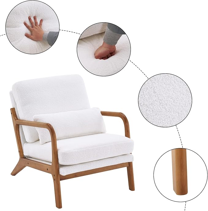Bonnlo Teddy Fleece White Mid Century Modern Accent Chair, Soild Wood Padding Lounge Armchairs Side Sitting Chairs for Living Room, Bedroom, Guest Room - LeafyLoom