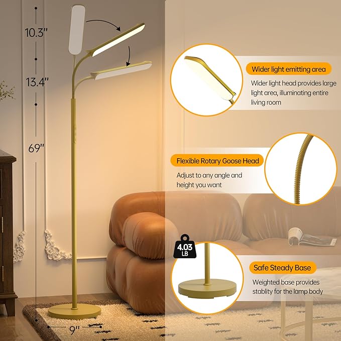 LED Floor Lamp, 18W Super Bright Floor Lamp for Living Room, Adjustable Stepless Colors & Brightness Gooseneck Standing Lamp, Eye Caring Reading Light with Remote& Touch Control for Bedroom Office - LeafyLoom