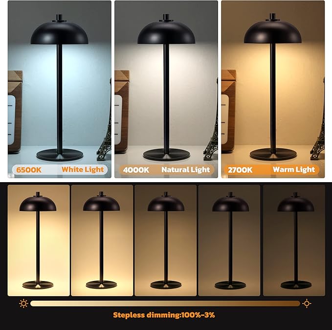 Rechargeable Cordless Table Lamp 2 Pack - 5000mAh Battery Powered Lamp, 3 Color Stepless Dimming LED Table Light with Memory Function for Indoor, Outdoor, Dinner, Home, Restaurant.(Black) - LeafyLoom