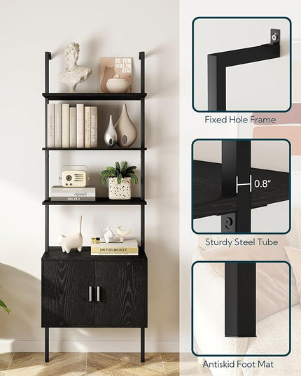 Yusong 73" Tall Bookshelf with Cabinet, Industrial Ladder Wall Mount Shelf Bookcase with Wood and Metal Frame, Plant Shelf Wall Storage Display for Living Room Bedroom, Black Wood Grain - LeafyLoom
