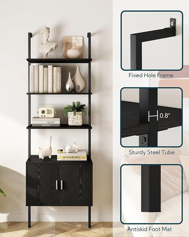 Yusong 73" Tall Bookshelf with Cabinet, Industrial Ladder Wall Mount Shelf Bookcase with Wood and Metal Frame, Plant Shelf Wall Storage Display for Living Room Bedroom, Black Wood Grain - LeafyLoom