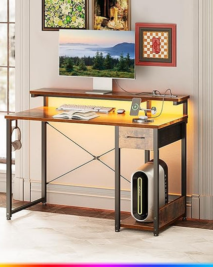AODK Gaming Desk with LED Lights & Power Outlet, 40 Inch Computer Desk with Drawer, Reversible Desk with Adjustable Monitor Shelf & Headphone Hook for Home Office, Rustic Brown - LeafyLoom