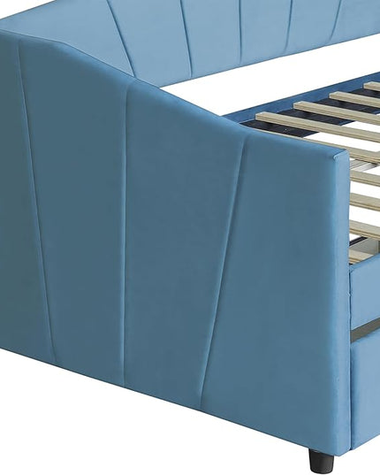 Twin Size Upholstered Daybed with Two Drawers, Wood Slat Support Sofa Bed with Armrest, No Box Spring Needed, Easy to Assemble, for Studio, Bedroom, Living, Guest Room, Blue - LeafyLoom