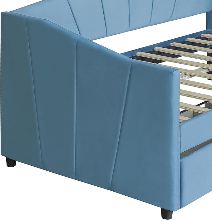 Twin Size Upholstered Daybed with Two Drawers, Wood Slat Support Sofa Bed with Armrest, No Box Spring Needed, Easy to Assemble, for Studio, Bedroom, Living, Guest Room, Blue - LeafyLoom