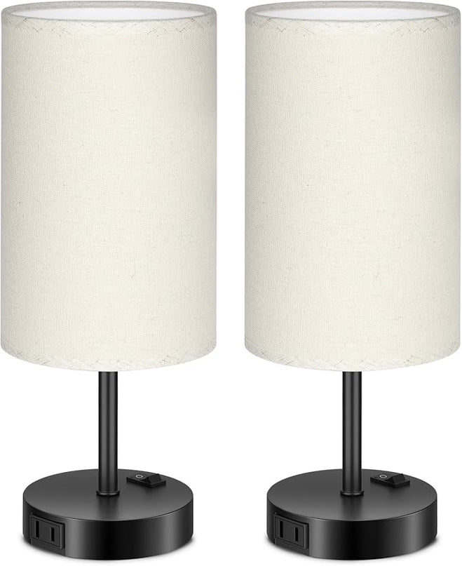 GGOYING Bedside Table Lamp,3-Way Dimmable Bedside Lamps 2700K 3500K 5000K with AC Outlet,Beige Cylindrical Lampshade for Livingroom Office Reading Working Kid - LeafyLoom