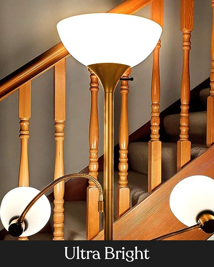 Brightech Sky Dome Double LED Floor lamp, Torchiere Super Bright Floor Lamp with 2 Reading Lamps for Living Rooms & Offices - Dimmable Tall Standing Lamp for Bedroom Reading - Tall Brass Pole - LeafyLoom