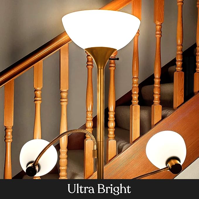 Brightech Sky Dome Double LED Floor lamp, Torchiere Super Bright Floor Lamp with 2 Reading Lamps for Living Rooms & Offices - Dimmable Tall Standing Lamp for Bedroom Reading - Tall Brass Pole - LeafyLoom