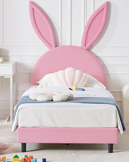 VECELO Kids Twin bed Frame with Upholstered Headboard, Princess Beds for Girls, 12 Wooden Slats Support, No Boxing Spring Needed - LeafyLoom