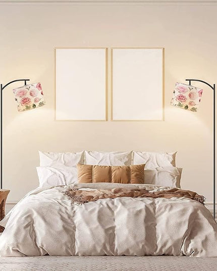 Modern Arc Floor Lamp with Dimmer Mid Century Set watercolor elements rose collection garden wild flowers leaves Metal Standing Lamp with Linen Shade Footswitch for Living Room Bedroom Office - LeafyLoom
