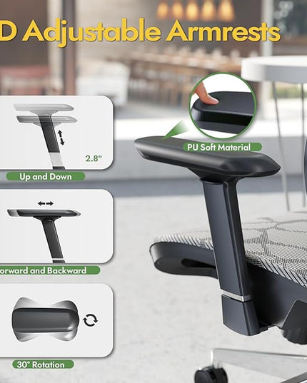 Office Chair Ergonomic Desk Chair, ALL-Mesh High Back Home Office Chair Lumbar Support, Reclining Gaming Chair Adjustable Armrests Headrest, Big and Tall Swivel Computer Chair 330LBS (Grey) - LeafyLoom