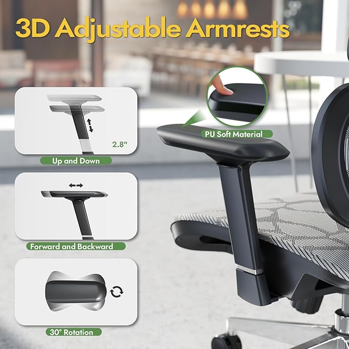 Office Chair Ergonomic Desk Chair, ALL-Mesh High Back Home Office Chair Lumbar Support, Reclining Gaming Chair Adjustable Armrests Headrest, Big and Tall Swivel Computer Chair 330LBS (Grey) - LeafyLoom