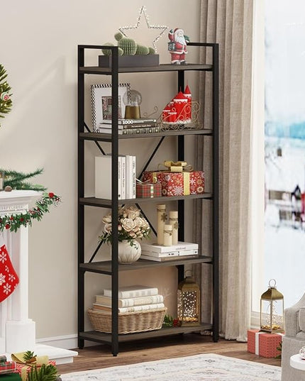 FATORRI 5 Tier Industrial Bookshelf, Rustic Etagere Bookcase for Display, Vintage Shelving Unit Wood and Metal Tall Book Shelves for Home Office (Walnut Brown) - LeafyLoom