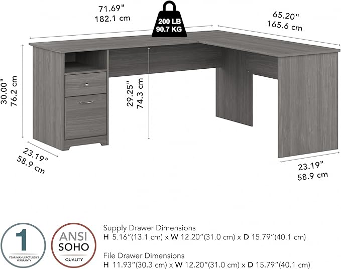 Bush Furniture L Shaped Desk with Drawers for Executive and Home Office | Cabot Collection Corner Table with Storage and Chrome Hardware Return, 72W, Modern Gray - LeafyLoom
