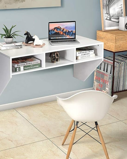 Computer Floating, Home Office Working, 42.5” Laptop Table Writing w/Storage Shelves, Modern Console Media Cabinet Wall Mounted Desk Hutch, White - LeafyLoom