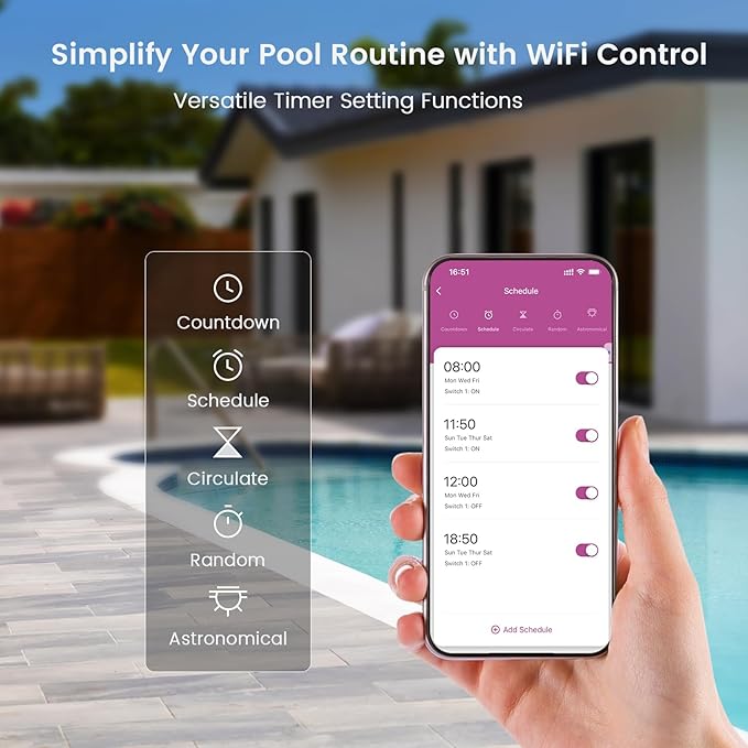 SURAIELEC WiFi Pool Timer, Outdoor Indoor Smart Switch, 40 AMP, 2HP, 120, 240, 277 VAC, Heavy Duty Pool Controller Light Timer Box for Pool Pump, Water Heater, Spa, Powerful Electrical Appliances SURAIELEC