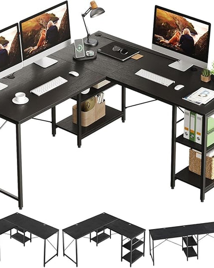 Bestier 95.2” L Shaped Desk, Reversible Corner Computer Desk or 2 Person Long Table with Adjustable Shelves, Large Writing Study Workstation with 3 Cable Holes - Black - LeafyLoom