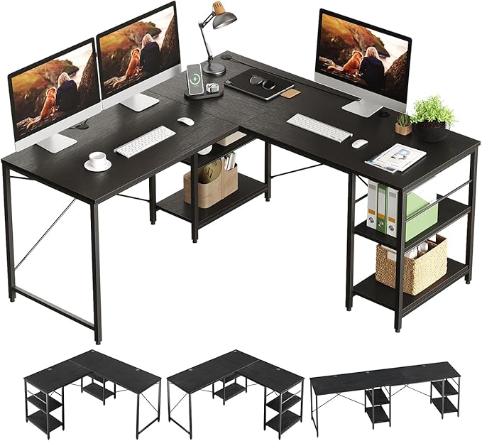Bestier 95.2” L Shaped Desk, Reversible Corner Computer Desk or 2 Person Long Table with Adjustable Shelves, Large Writing Study Workstation with 3 Cable Holes - Black - LeafyLoom