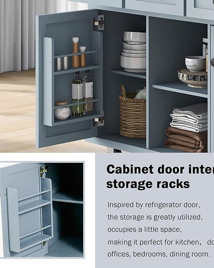 Cart with Drop-Leaf Countertop, Kitchen Island on 5 Universal Wheels with Open Shelves, Storage Cabinet and 3 Drawers, Large Rubberwood Top Breakfast Bar for Dining Room, 53.1 Inch, Grey Blue 1 - LeafyLoom