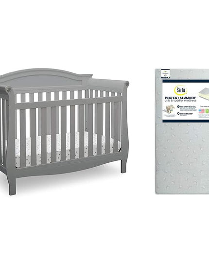 Delta Children Lancaster 4-in-1 Convertible Baby Crib, Grey + Serta Perfect Slumber Dual Sided Recycled Fiber Core Crib and Toddler Mattress (Bundle) - LeafyLoom