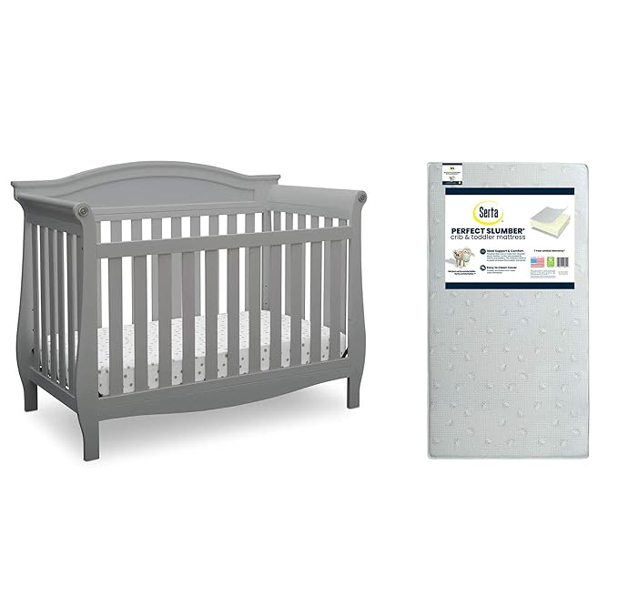Delta Children Lancaster 4-in-1 Convertible Baby Crib, Grey + Serta Perfect Slumber Dual Sided Recycled Fiber Core Crib and Toddler Mattress (Bundle) - LeafyLoom