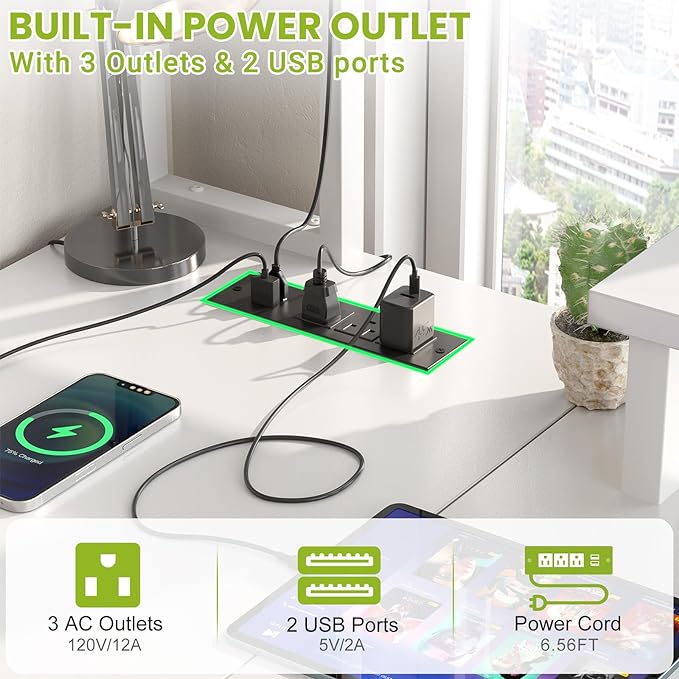 Small L Shaped Desk Gaming Desk with Power Outlets, 48" Reversible L Shaped LED Computer Desk with Monitor Stand & Storage Shelf, Corner Gamer Desk Home Office Desk with Storage Bag, White - LeafyLoom