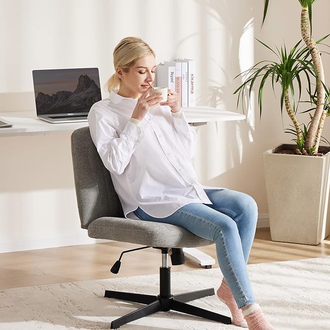 OLIXIS Cross Legged Armless Wide Adjustable Swivel Padded Home Office Desk Chair, Grey - LeafyLoom