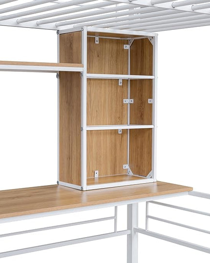RITSU Full Size Loft Bed with Desk and Storage Shelves, Metal BedFrame,w/Ladder & Fenced Around Guardrails, Easy Assembly, for Adults, Kids, Teens, White - LeafyLoom