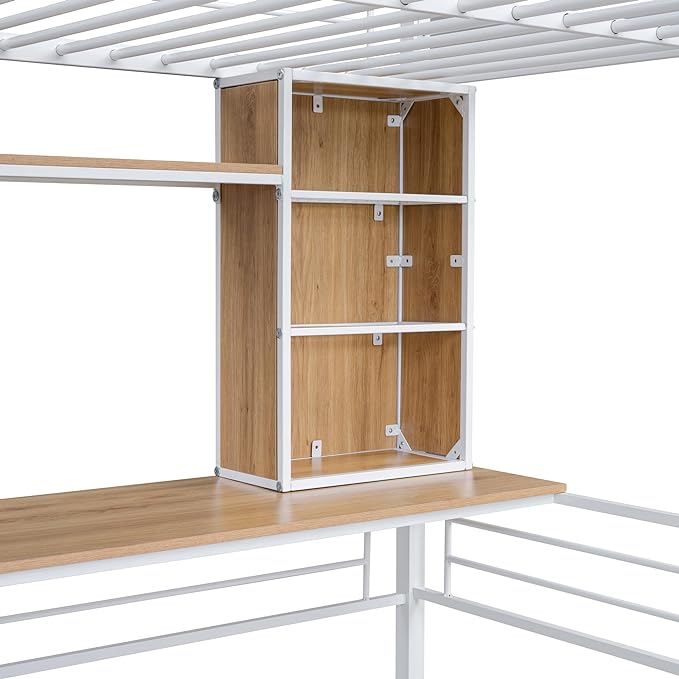 RITSU Full Size Loft Bed with Desk and Storage Shelves, Metal BedFrame,w/Ladder & Fenced Around Guardrails, Easy Assembly, for Adults, Kids, Teens, White - LeafyLoom