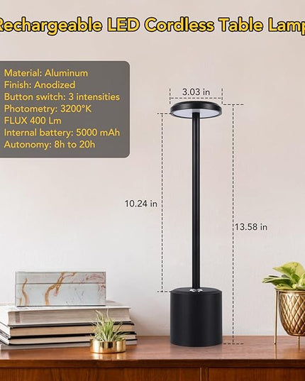 Cordless Table Lamp Rechargeable LED Touch Lamp, 5000mAh Battery Operated Lamp, 3 Color Stepless Dimming Table Light Desk Lamp for Restaurant/Bedroom/Bars/Patio/Indoor/Outdoor(Black) - LeafyLoom