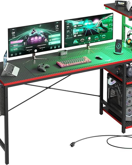 Bestier Gaming Desk with Power Outlets, 61 Inch Large Led Gamer Desk with 4 Tiers Reversible Shelves, PC Gaming Table with Headset Hook & Side Storage Bag for Bedroom (Black 3D Carbon Fiber) - LeafyLoom