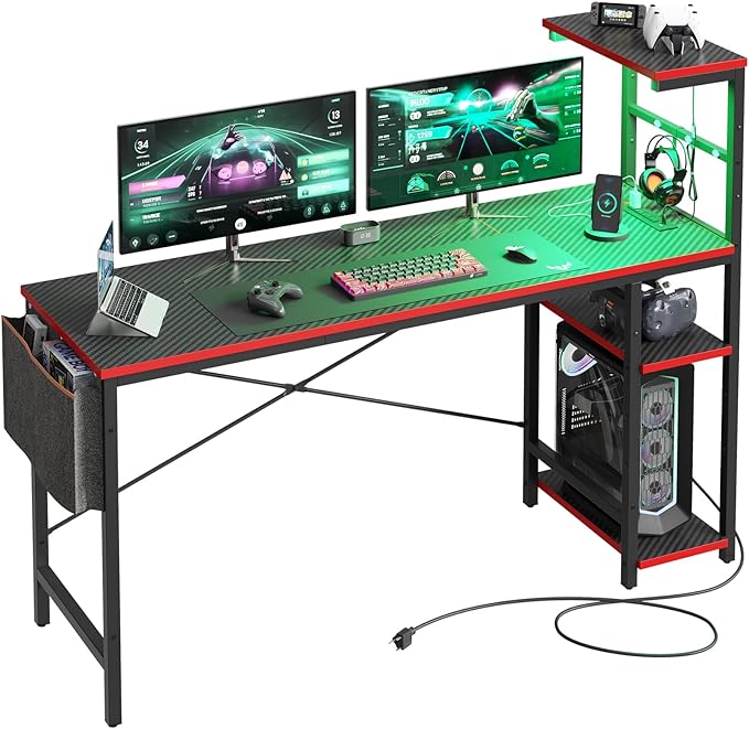 Bestier Gaming Desk with Power Outlets, 61 Inch Large Led Gamer Desk with 4 Tiers Reversible Shelves, PC Gaming Table with Headset Hook & Side Storage Bag for Bedroom (Black 3D Carbon Fiber) - LeafyLoom