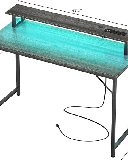 Computer Desk with USB Power Outlets and LED Lights, 47 inch Gaming desk with Monitor Stand for Small Space Home Office, Modern Simple Study Writing Table PC Desks, Black Oak - LeafyLoom