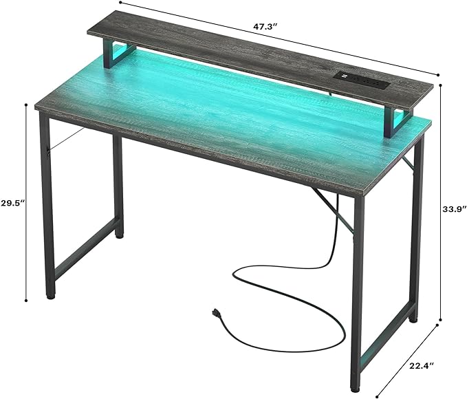 Computer Desk with USB Power Outlets and LED Lights, 47 inch Gaming desk with Monitor Stand for Small Space Home Office, Modern Simple Study Writing Table PC Desks, Black Oak - LeafyLoom