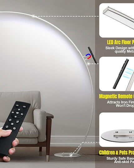 Dimmable LED Floor Lamp with 3 Color Temperatures, Ultra Bright 2000LM Brushed Nickel Arc Floor Lamps for Living Room, Modern Tall Lamp with Remote Control Reading Floor Lamp for Bedroom Office - LeafyLoom