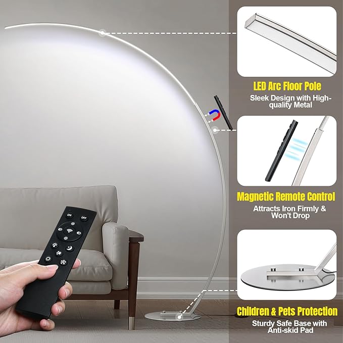 Dimmable LED Floor Lamp with 3 Color Temperatures, Ultra Bright 2000LM Brushed Nickel Arc Floor Lamps for Living Room, Modern Tall Lamp with Remote Control Reading Floor Lamp for Bedroom Office - LeafyLoom