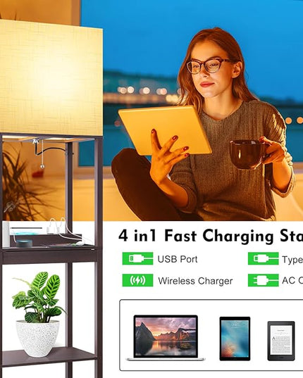 RUNTOP Floor Lamp with Shelves, Modern Standing Lamp with Wireless Charger, 1 Drawer and 2 USB Ports & 2 Power Outlet, 15W LED Bulb 3 Colors, Memory Function, Shelf Lamp for Living Room and Bedroom - LeafyLoom