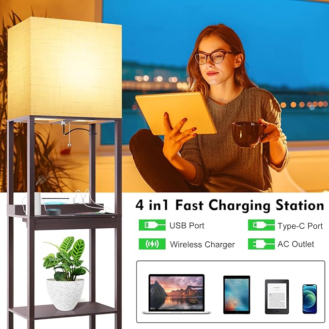 RUNTOP Floor Lamp with Shelves, Modern Standing Lamp with Wireless Charger, 1 Drawer and 2 USB Ports & 2 Power Outlet, 15W LED Bulb 3 Colors, Memory Function, Shelf Lamp for Living Room and Bedroom - LeafyLoom