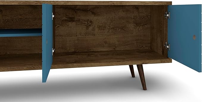 Manhattan Comfort Liberty Mid Century Modern TV Stand for Televisions up to 60 Inches, Bedroom and Living Room Entertainment Center with Storage, Shelves, and Cabinet, 63" Wide, Rustic Brown/Aqua - LeafyLoom