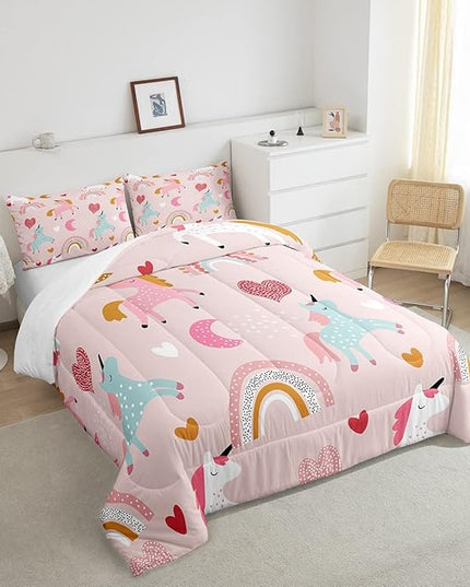 Feelyou Girls Unicorn Comforter Set Full Size Kids Cute Pink Rainbow Horse Decor Comforter for Unicorn Lover Daughter Bedding Set Boho Star Moon Duvet Set (1 Comforter + 2 Pillowcases, Full) - LeafyLoom
