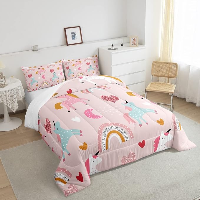 Feelyou Unicorn Comforter Set Kids Cute Cartoon Unicorns Decor Comforter for Girls Pink Bedding Set Rainbow Duvet Set Twin Size Quilt Boys - LeafyLoom
