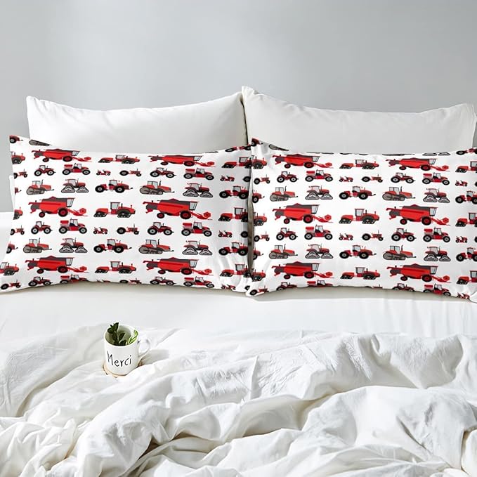 Erosebridal Red Tractor Comforter Set King Size Heavy Equipment Truck Down Comforter Kids Boys Girls Teens Harvester Tractor Bedding Set Construction Excavator Farm Equipment Quilt Set - LeafyLoom