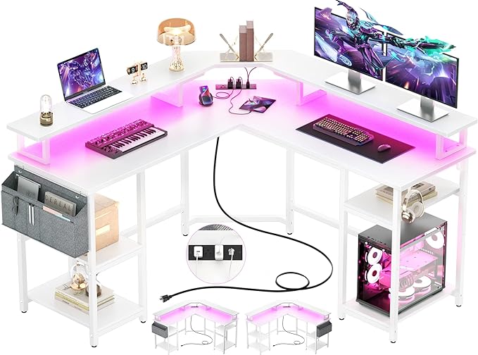 Aheaplus L Shaped Gaming Desk with Power Outlets & LED Lights, Computer Corner Desk with Monitor Stand and Storage Shelf, Home Office Writing Desk with Storage Bag, White - LeafyLoom