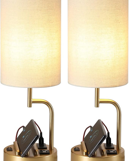 Dreamholder Table Lamp with 3 USB Charging Ports, Modern Desk Lamp with AC Outlet and Phone Stands, Perfect Bedside Lamp for Bedroom, Living Room, Office (Pack of 2), Gold - LeafyLoom