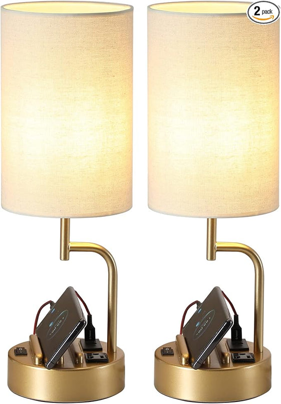 Dreamholder Table Lamp with 3 USB Charging Ports, Modern Desk Lamp with AC Outlet and Phone Stands, Perfect Bedside Lamp for Bedroom, Living Room, Office (Pack of 2), Gold - LeafyLoom