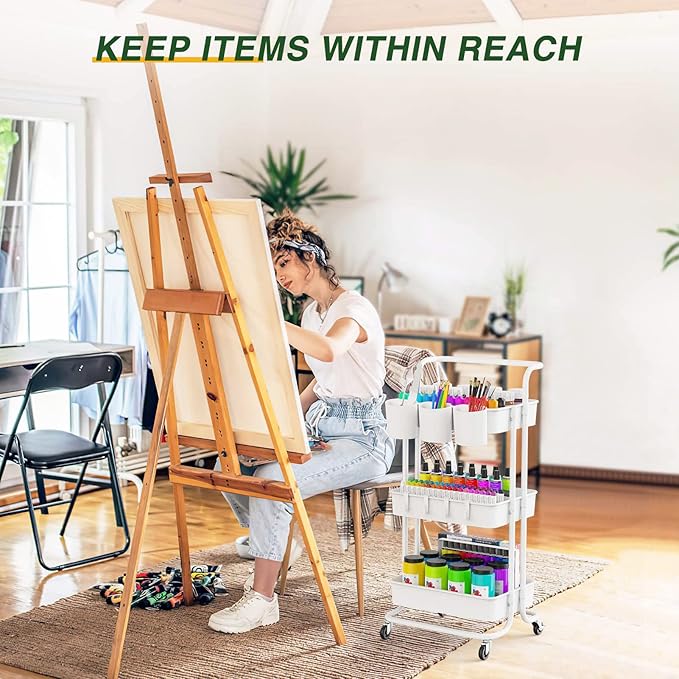 LEHOM 3-Tier Rolling Utility Cart with Hanging Cups & Hooks & Handle, Plastic Art Cart Organizer Storage with Wheels, Easy Assembly for Office, Bedroom, Kitchen, Bathroom, Laundry (White) - LeafyLoom