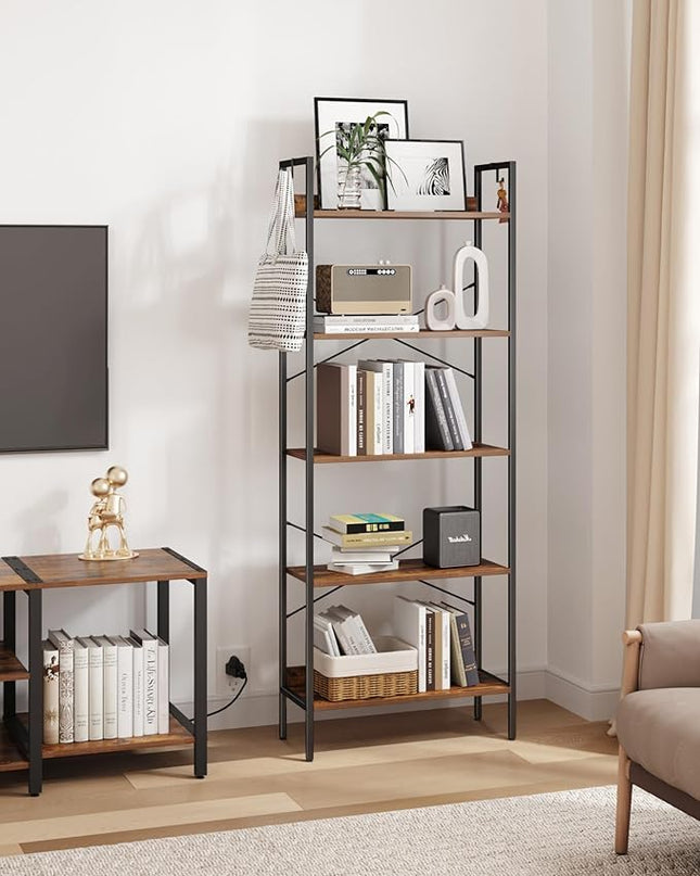 Bookshelf, Book Shelf, Industrial Bookcase with 2 Hooks, Coner Shelf Storage Organizer for Home Office, Living Room, Bedroom, Kitchen, 5-Tier Rustic Brown BC22501B - LeafyLoom