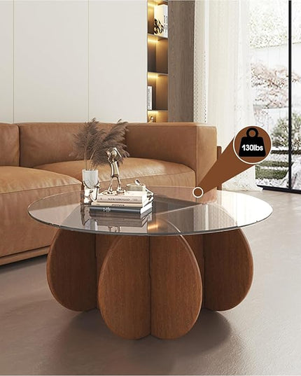Glass Coffee Tables for Living Room Modern Elegant Round Coffee Table Mid Century Farmhouse Center Table with Solid Wood Frame and Tempered Glass Tabletop, Easy Assembly,31.5'' - LeafyLoom