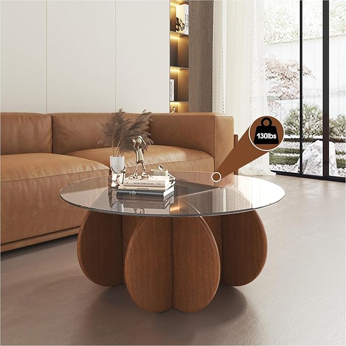 Glass Coffee Tables for Living Room Modern Elegant Round Coffee Table Mid Century Farmhouse Center Table with Solid Wood Frame and Tempered Glass Tabletop, Easy Assembly,31.5'' - LeafyLoom